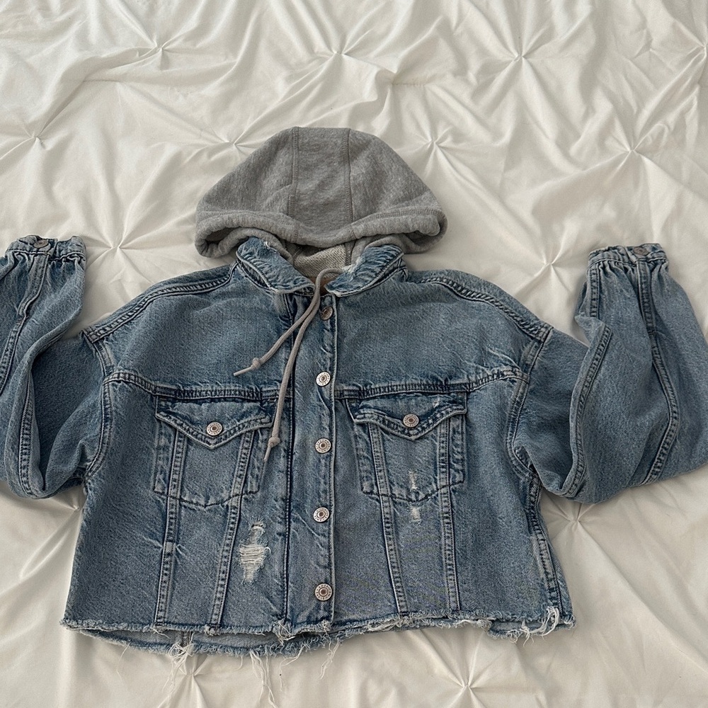 American Eagle Outfitters Blue Denim Jacket with Gray Hood